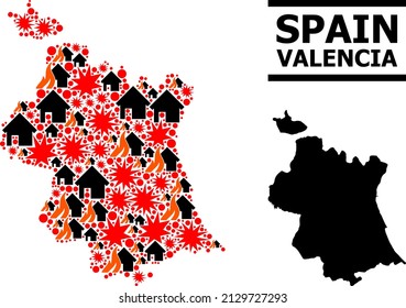 War mosaic vector map of Valencia Province. Geographic mosaic map of Valencia Province is created from randomized fire, destruction, bangs, burn homes, strikes.