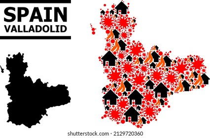 War mosaic vector map of Valladolid Province. Geographic mosaic map of Valladolid Province is combined with randomized fire, destruction, bangs, burn homes, strikes.