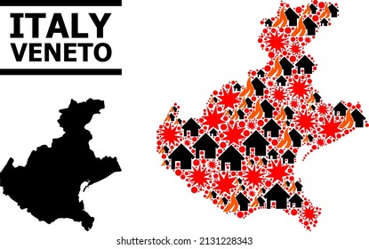 War mosaic vector map of Veneto region. Geographic mosaic map of Veneto region is organized from scattered fire, destruction, bangs, burn realty, strikes. Vector flat illustration for war posters.