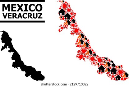 War mosaic vector map of Veracruz State. Geographic mosaic map of Veracruz State is organized from scattered fire, destruction, bangs, burn realty, strikes.