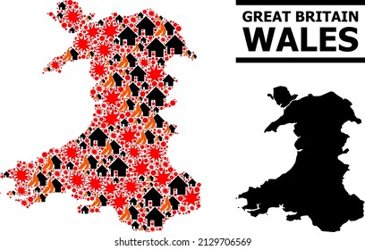 War mosaic vector map of Wales. Geographic concept map of Wales is designed with randomized fire, destruction, bangs, burn realty, strikes. Vector flat illustration for war proclamations.