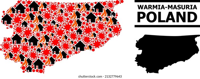 War mosaic vector map of Warmia-Masuria Province. Geographic mosaic map of Warmia-Masuria Province is created with scattered fire, destruction, bangs, burn houses, strikes.
