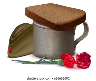 War mug with water, bread, red carnation flower and military cap. Symbol of memory of dead. Isolated on white vector illustration