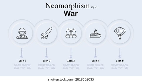 War neomorphism set icon. Armed soldier, flying missile, surveillance binoculars, naval battleship, airborne parachute, military transport, tactical operation graphics.