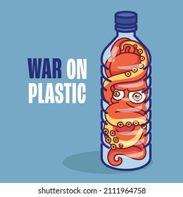 War on plastic with the octopus being trap in a plastic bottle