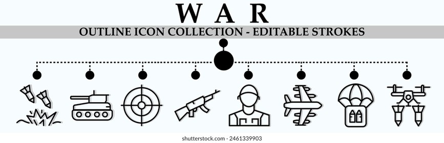 Colección de iconos de esquema de guerra. Contiene iconos de misiles, tanques, objetivos, armas, ejército, paracaídas y más. Colección de iconos lineales. Trazo editable. Ilustración vectorial