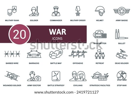 War outline icons set. Creative icons: military rank, soldier, commander, military order, helmet, army badge, transmitter, bullet, barbed wire, barracks and more