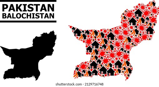 War pattern vector map of Balochistan Province. Geographic composition map of Balochistan Province is combined with scattered fire, destruction, bangs, burn houses, strikes.