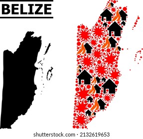 War pattern vector map of Belize. Geographic collage map of Belize is done from randomized fire, destruction, bangs, burn houses, strikes. Vector flat illustration for war projects.