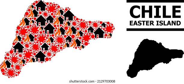 War pattern vector map of Easter Island. Geographic collage map of Easter Island is composed from scattered fire, destruction, bangs, burn homes, strikes. Vector flat illustration for war purposes.