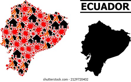 War pattern vector map of Ecuador. Geographic collage map of Ecuador is constructed from randomized fire, destruction, bangs, burn homes, strikes. Vector flat illustration for war agitation.