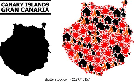 War pattern vector map of Gran Canaria. Geographic collage map of Gran Canaria is created with random fire, destruction, bangs, burn realty, strikes. Vector flat illustration for war applications.