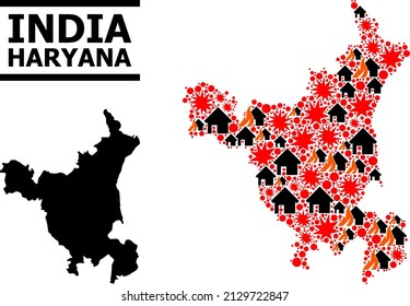 War pattern vector map of Haryana State. Geographic concept map of Haryana State is created with scattered fire, destruction, bangs, burn realty, strikes. Vector flat illustration for war posters.