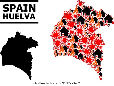 War pattern vector map of Huelva Province. Geographic composition map of Huelva Province is done with random fire, destruction, bangs, burn houses, strikes. Vector flat illustration for war doctrines.