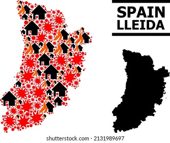 War pattern vector map of Lleida Province. Geographic collage map of Lleida Province is designed with scattered fire, destruction, bangs, burn homes, strikes.