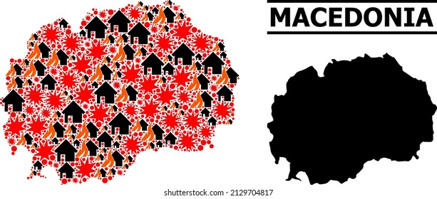 War pattern vector map of Macedonia. Geographic concept map of Macedonia is designed from random fire, destruction, bangs, burn realty, strikes. Vector flat illustration for war agitprop.