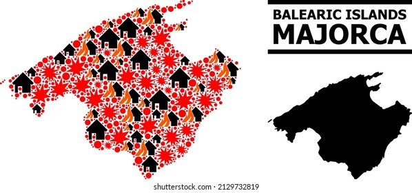 War pattern vector map of Majorca. Geographic collage map of Majorca is constructed with random fire, destruction, bangs, burn houses, strikes. Vector flat illustration for war agitprop.