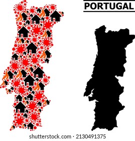 War pattern vector map of Portugal. Geographic concept map of Portugal is constructed from scattered fire, destruction, bangs, burn realty, strikes. Vector flat illustration for war agitation.