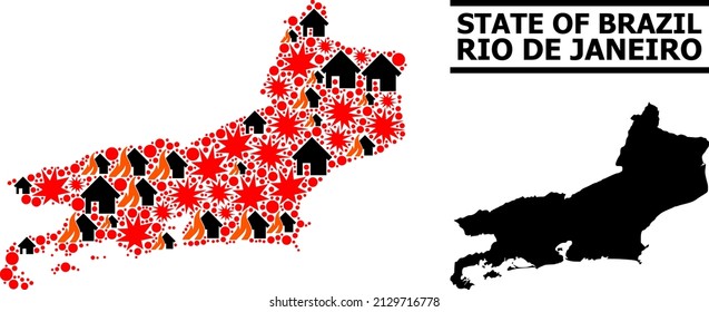 War pattern vector map of Rio de Janeiro State. Geographic mosaic map of Rio de Janeiro State is constructed with scattered fire, destruction, bangs, burn houses, strikes.