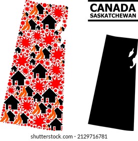 War pattern vector map of Saskatchewan Province. Geographic composition map of Saskatchewan Province is organized with randomized fire, destruction, bangs, burn realty, strikes.