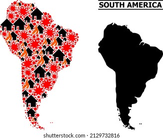 War pattern vector map of South America. Geographic collage map of South America is created from randomized fire, destruction, bangs, burn homes, strikes. Vector flat illustration for war agitation.