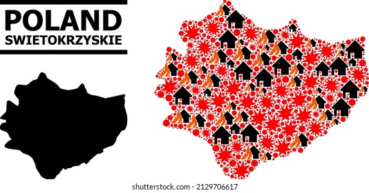 War pattern vector map of Swietokrzyskie Province. Geographic composition map of Swietokrzyskie Province is constructed with scattered fire, destruction, bangs, burn houses, strikes.