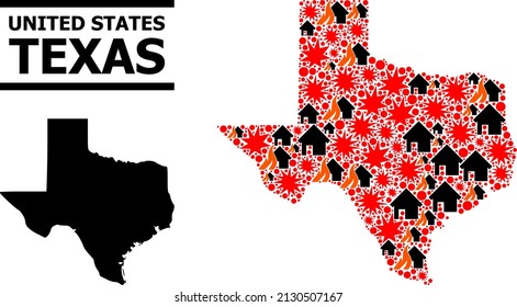 War pattern vector map of Texas State. Geographic collage map of Texas State is created from randomized fire, destruction, bangs, burn realty, strikes. Vector flat illustration for war agitation.