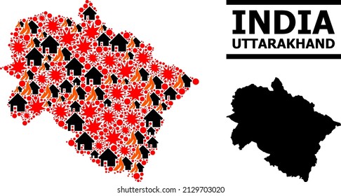 War pattern vector map of Uttarakhand State. Geographic concept map of Uttarakhand State is constructed from scattered fire, destruction, bangs, burn homes, strikes.