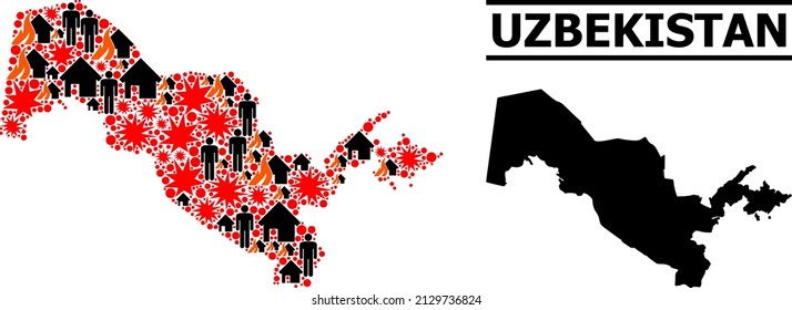 War pattern vector map of Uzbekistan. Geographic concept map of Uzbekistan is done with scattered fire, destruction, bangs, burn homes, strikes. Vector flat illustration for war propaganda.
