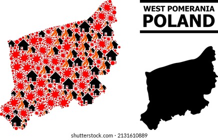 War pattern vector map of West Pomerania Province. Geographic mosaic map of West Pomerania Province is done with randomized fire, destruction, bangs, burn realty, strikes.