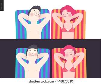 War and peace - a couple lying down on striped beach mattresses in two different statements - in peace smiling to each other, and in conflict hating to each other