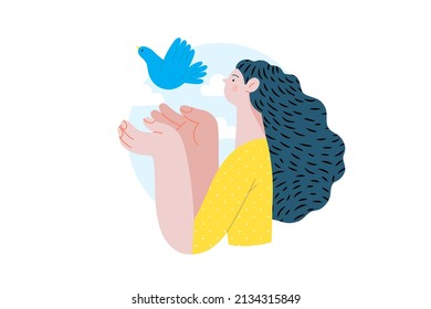 War and peace - Dove of peace -modern flat vector concept digital illustration of young woman releasing a dove. Ukranian flag colored illustartion. Creative ant-war poster.