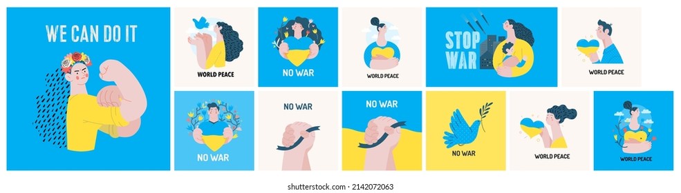 War and peace - No war -modern flat vector concept digital illustrations set. Posters on Russian-Ukranian war and national protest, Ukranian flag colored. Creative anti-war banners.