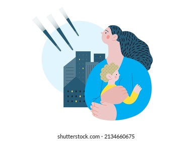 War and peace - Stop war -modern flat vector concept digital illustration of young mother holding a child and shells bombing houses on the background, Ukranian flag colored. Creative anti-war poster.