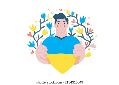 War and peace - Ukranian heart -modern flat vector concept digital illustration of young man holding the Ukranian flag colored heart. Creative ant-war poster.