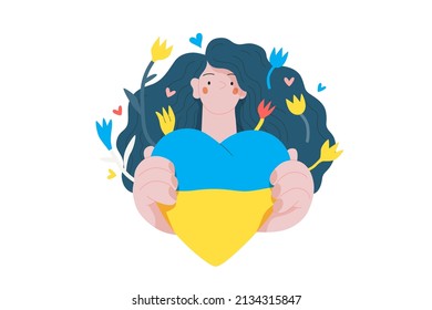 War and peace - Ukranian heart -modern flat vector concept digital illustration of young woman holding the Ukranian flag colored heart. Creative ant-war poster.