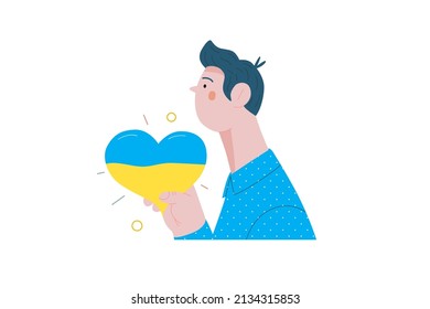 War and peace - Ukranian heart -modern flat vector concept digital illustration of young man holding the Ukranian flag colored heart. Creative ant-war poster.