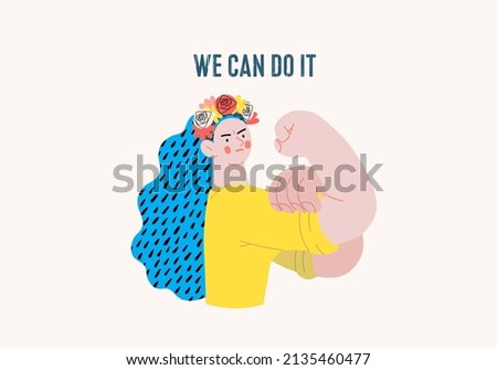 War and peace - We can do it -modern flat vector concept digital illustration of a young Ukranian woman posing with gesture from a famous war poster. Creative anti-war poster.