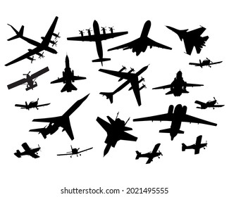 War plane flies across the sky. Isolated silhouette on white background