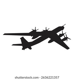 Avión de guerra vuela a través del cielo. Silueta de bombardero, icono de avión de combate, silueta aislada sobre fondo blanco.