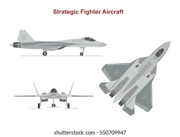 War plane isolated on white background. Strategic Fighter in top, side, front view.  Flat style. Vector illustration.