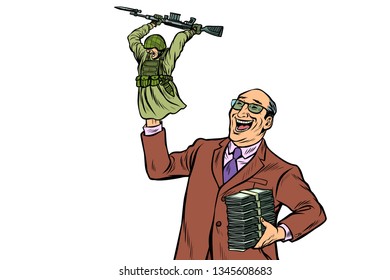 War propaganda. Soldier attacks. Politician with money. Pop art retro vector illustration kitsch vintage