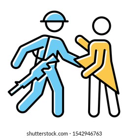 War rape blue, yellow color icon. Women abuse, violent behavior of a soldier. Sexual harassment by military forces, armies. Assault of females by troops. Isolated vector illustration