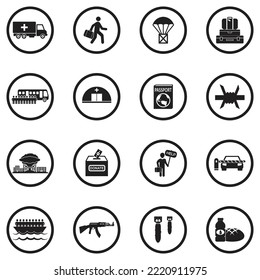 Iconos de los refugiados de guerra. Diseño Plano Negro En Círculo. Ilustración vectorial.