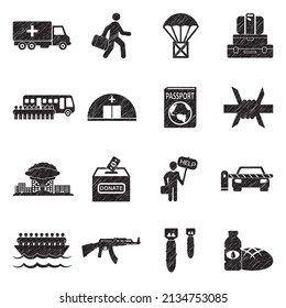 War Refugee Icons. Black Scribble Design. Vector Illustration.