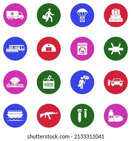 War Refugee Icons. White Flat Collection In Circle. Vector Illustration.