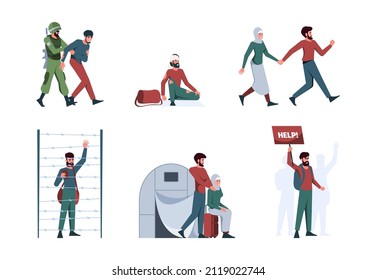 War refugee people. Immigrants explosive persons hunger homeless family crying characters garish vector flat colored illustrations