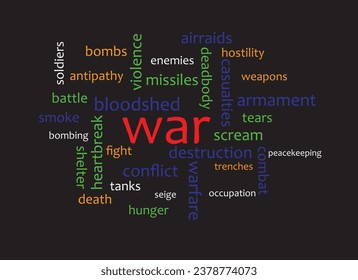 Palabras relacionadas con la guerra arte vector creativo. Ilustración vectorial de guerra sobre fondo negro. Vector de conflicto Hamás-Palestina-Israel.