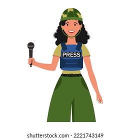 War Reporter, News. Girl In A Helmet. Vector Illustration