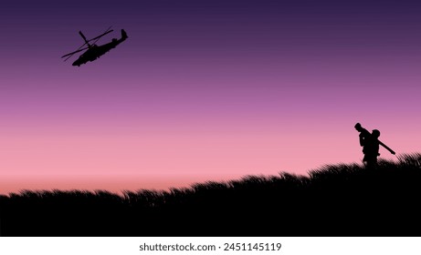 war scene, soldier vs military helicopter,stinger vs helicopter, flat color illustration